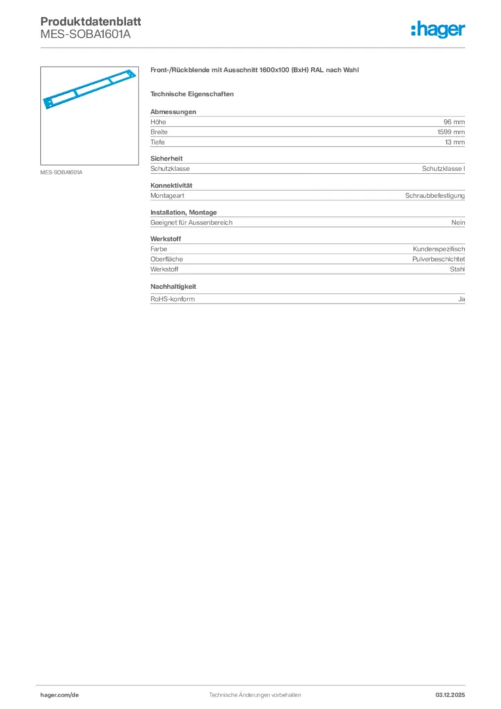 Bild Hager Produktdatenblatt MES-SOBA1601A | Hager Deutschland