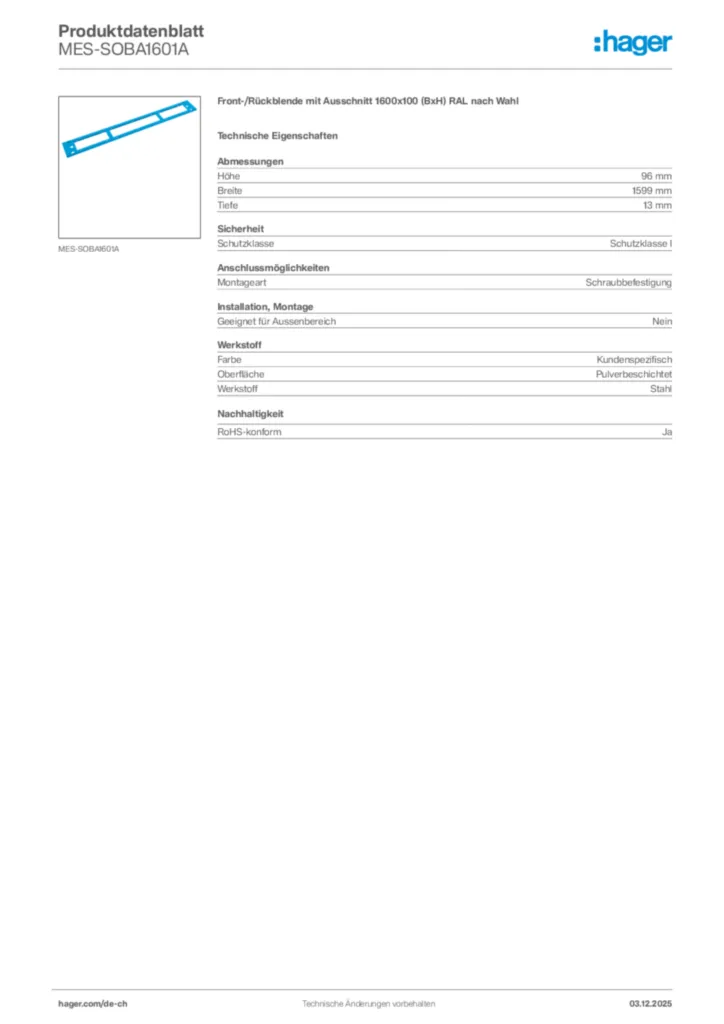 Bild Hager Produktdatenblatt MES-SOBA1601A | Hager Schweiz