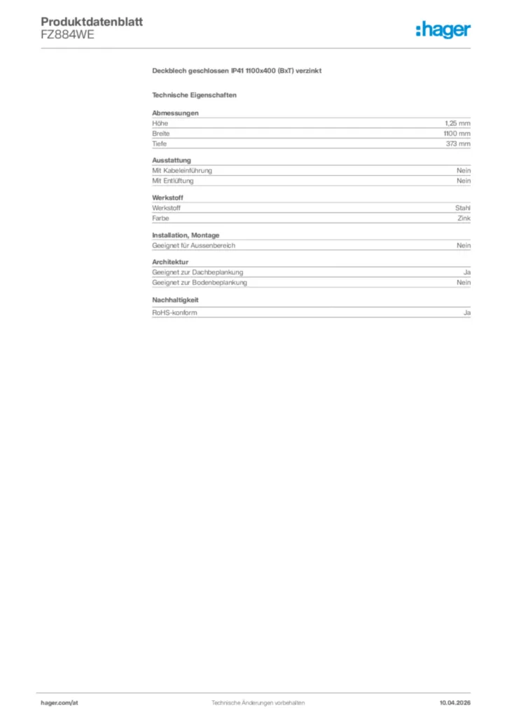 Bild Hager Produktdatenblatt FZ884WE | Hager Deutschland