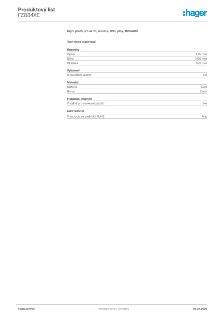 Obrázek Hager Product data sheet FZ884XE | Hager