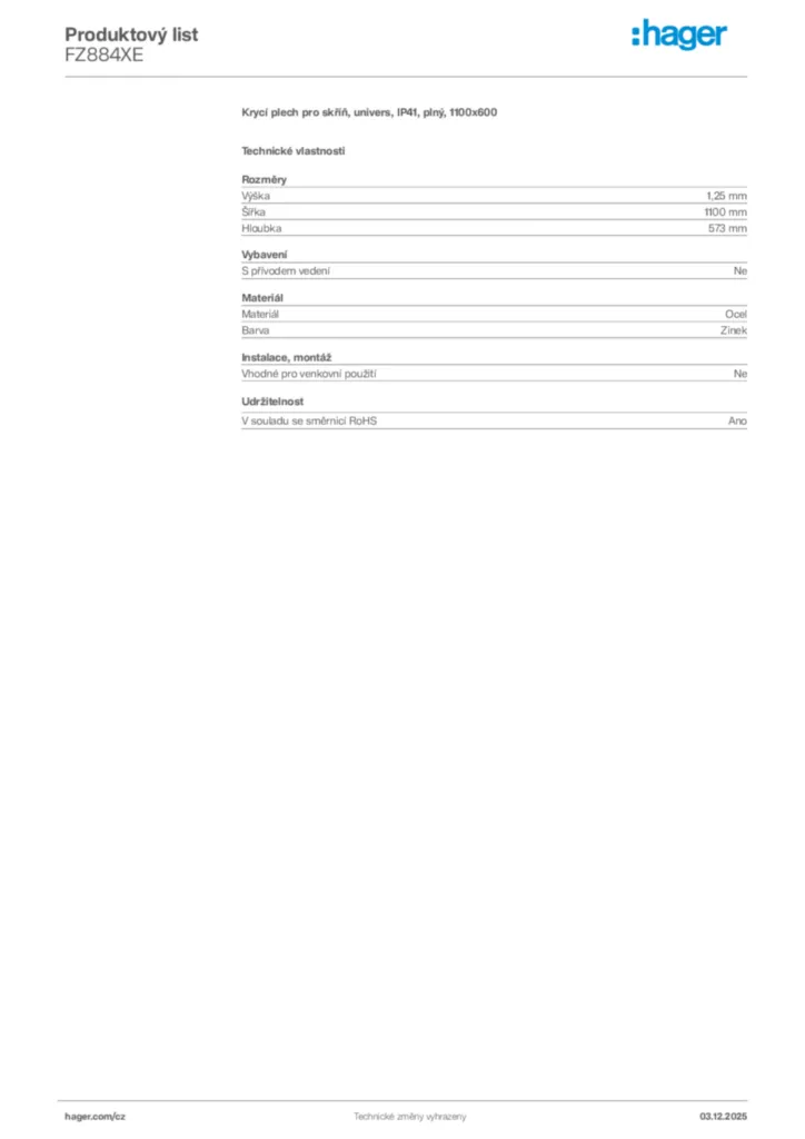 Obrázek Hager Product data sheet FZ884XE | Hager