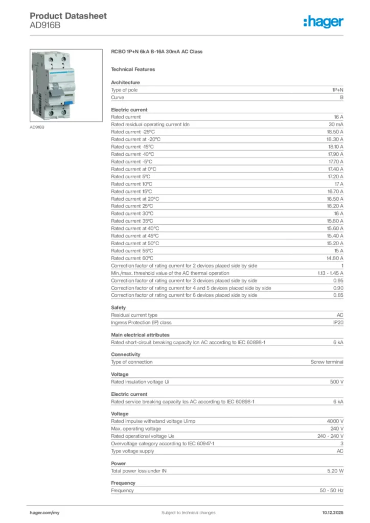 Image Hager Product data sheet AD916B  | Hager
