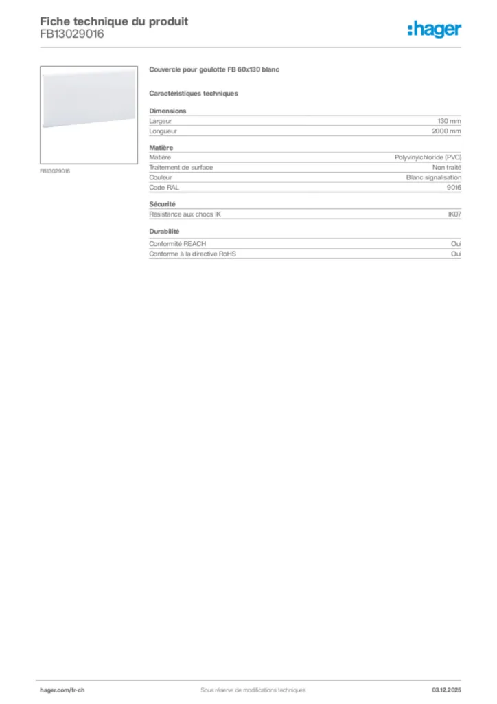 Image Hager Fiche technique du produit FB13029016 | Hager Suisse