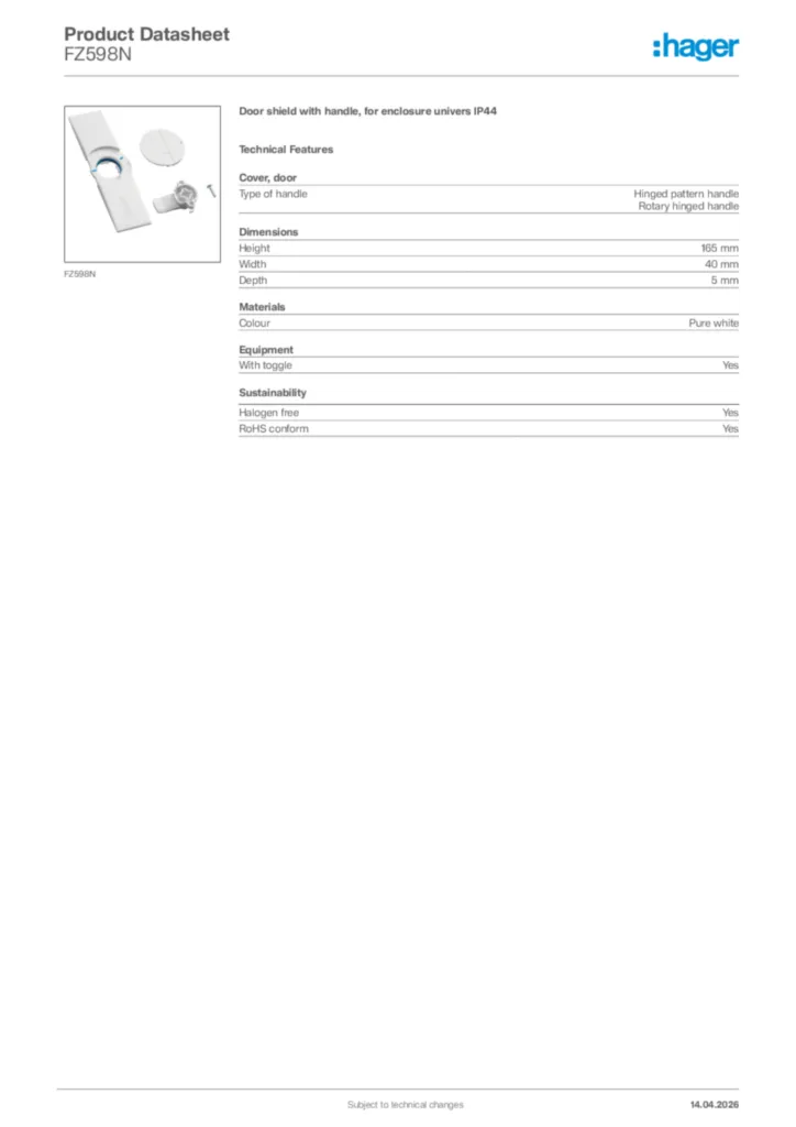 Image Hager Product data sheet FZ598N  | Hager Africa