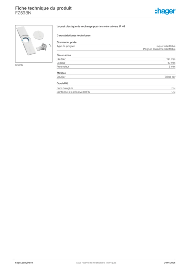 Image Hager Fiche technique du produit FZ598N | Hager Afrique
