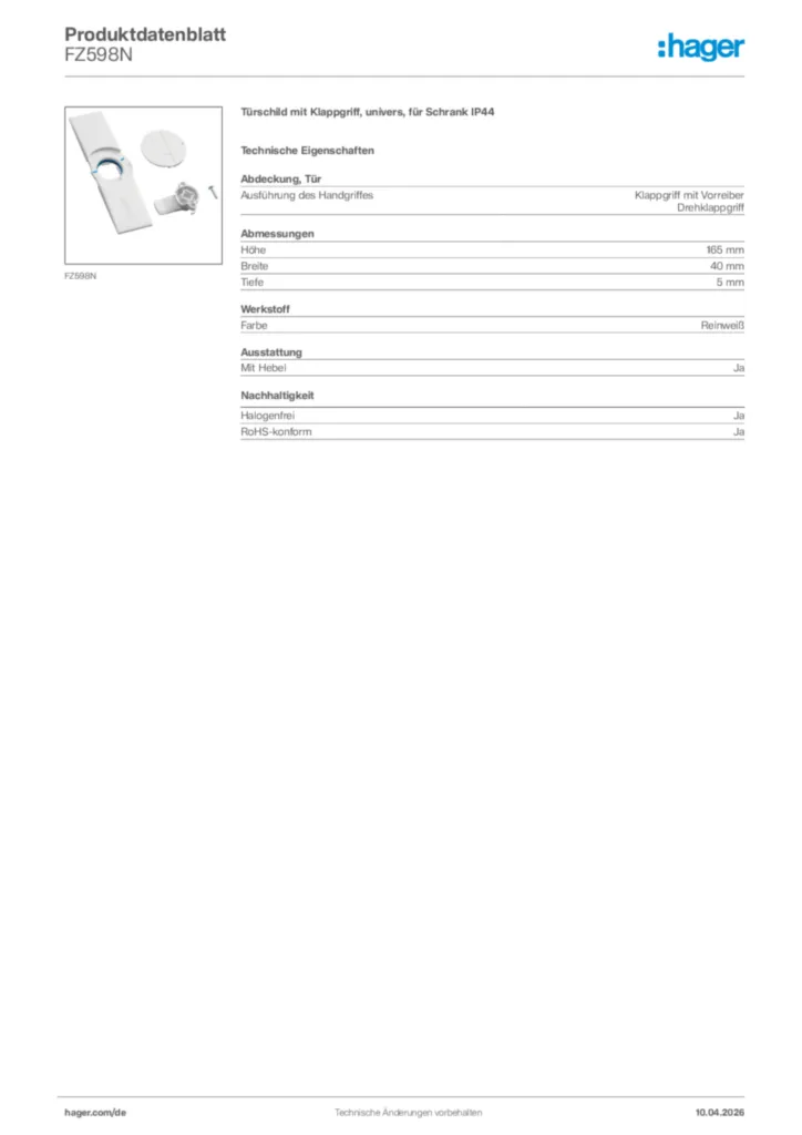 Bild Hager Produktdatenblatt FZ598N | Hager Deutschland