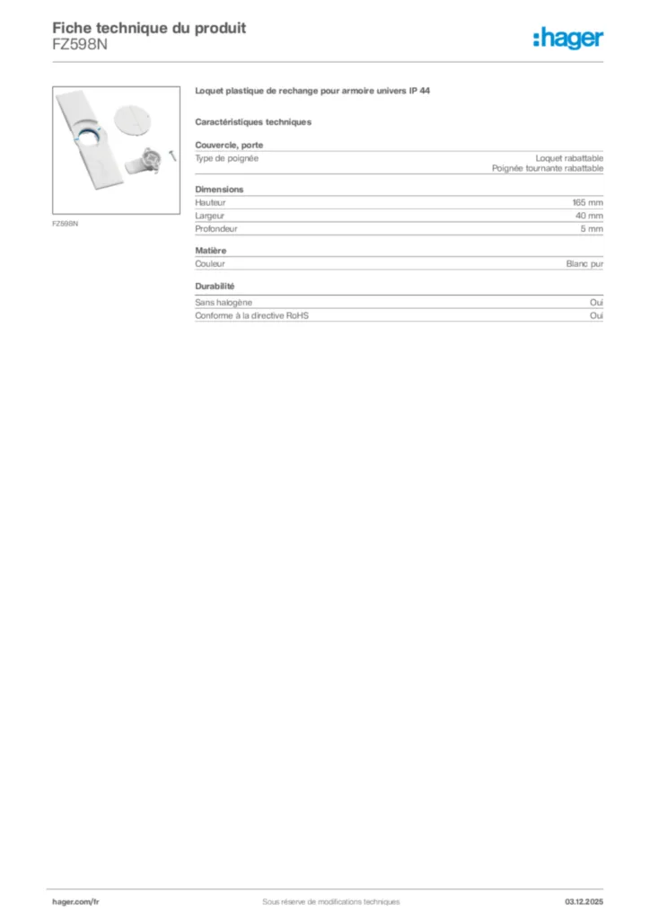 Image Hager Fiche technique du produit FZ598N | Hager France