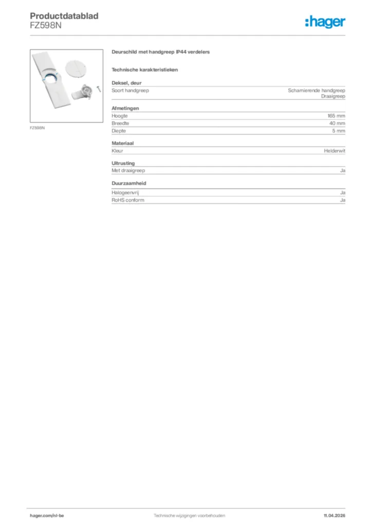 Afbeelding Hager Productdatablad FZ598N | Hager Belgium