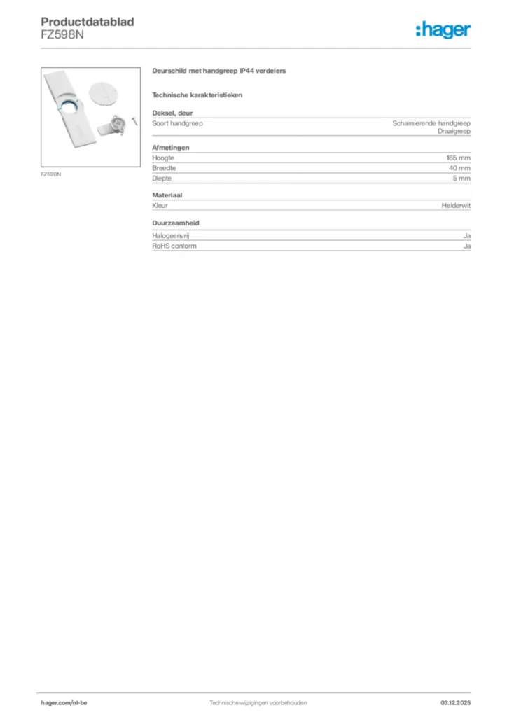 Afbeelding Hager Productdatablad FZ598N | Hager Belgium