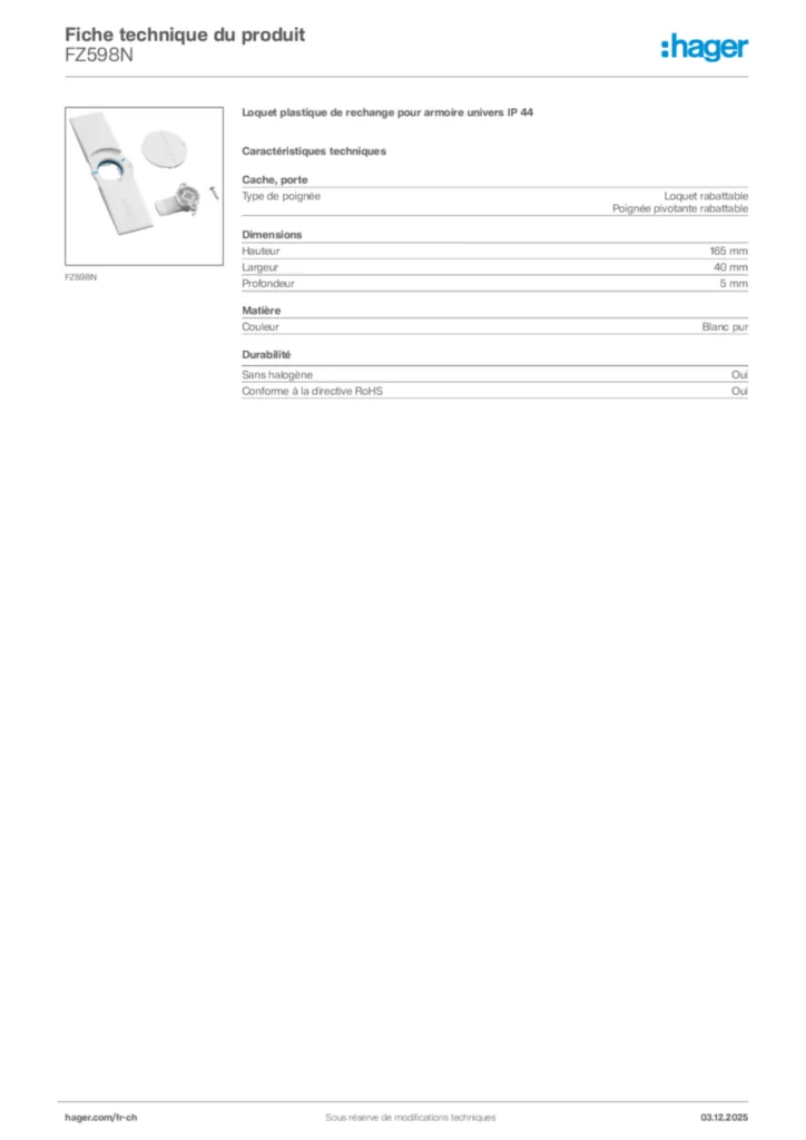 Image Hager Fiche technique du produit FZ598N | Hager Suisse