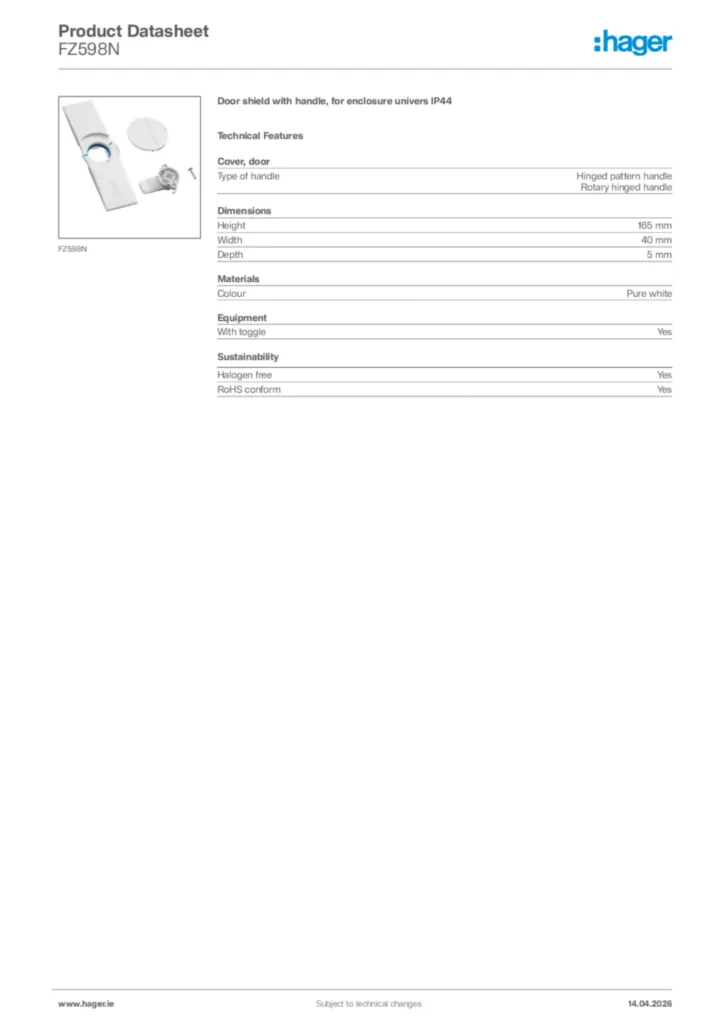 Image Hager Product data sheet FZ598N  | Hager