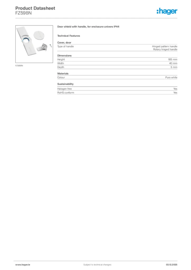 Image Hager Product data sheet FZ598N  | Hager