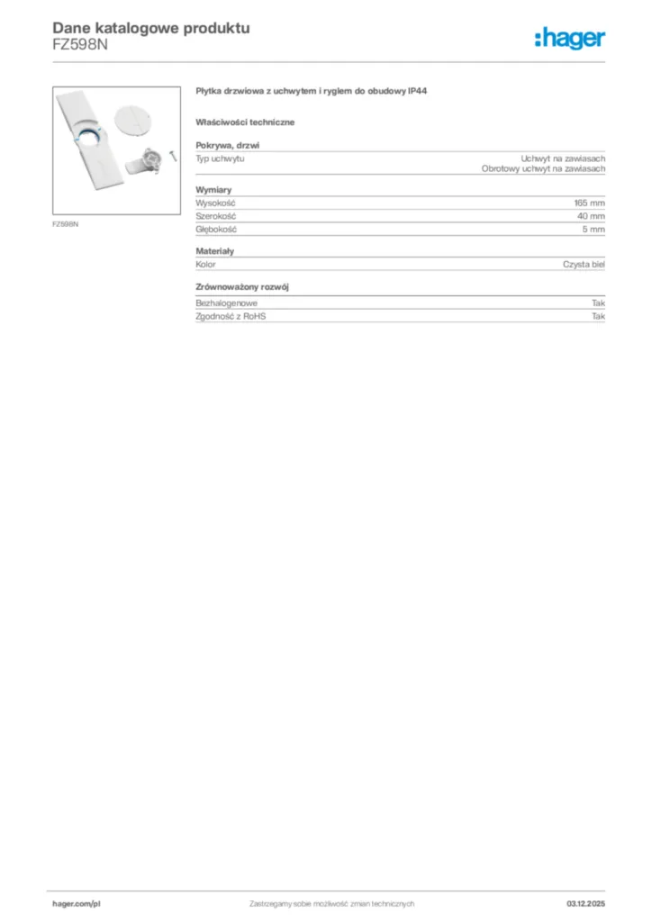 Zdjęcie Hager Dane katalogowe produktu FZ598N | Hager Polska