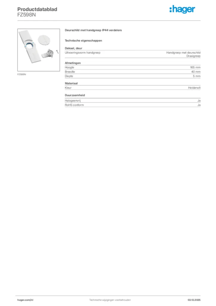 Afbeelding Hager Productdatablad FZ598N | Hager Nederland