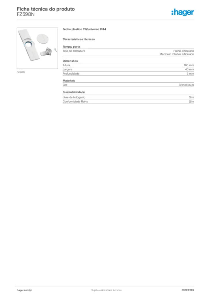 Imagem Hager Ficha técnica do produto FZ598N | Hager Portugal