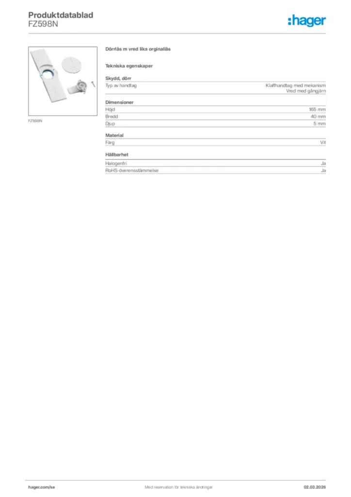 Bild Hager Produktdatablad FZ598N | Hager Sverige