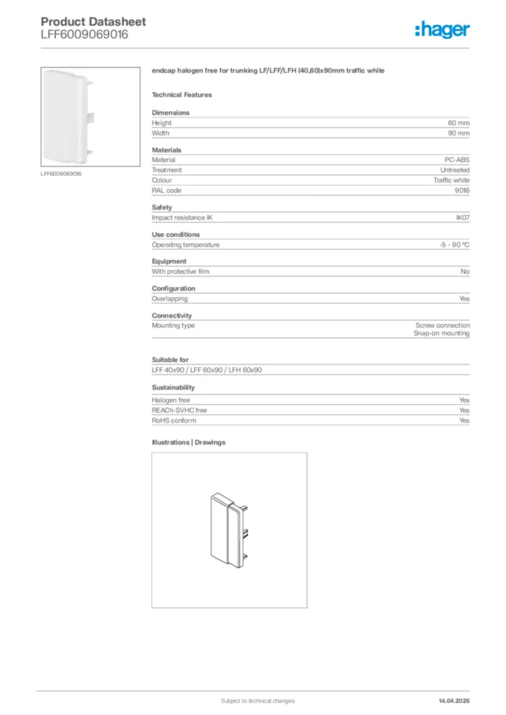 Image Hager Product data sheet LFF6009069016  | Hager Africa