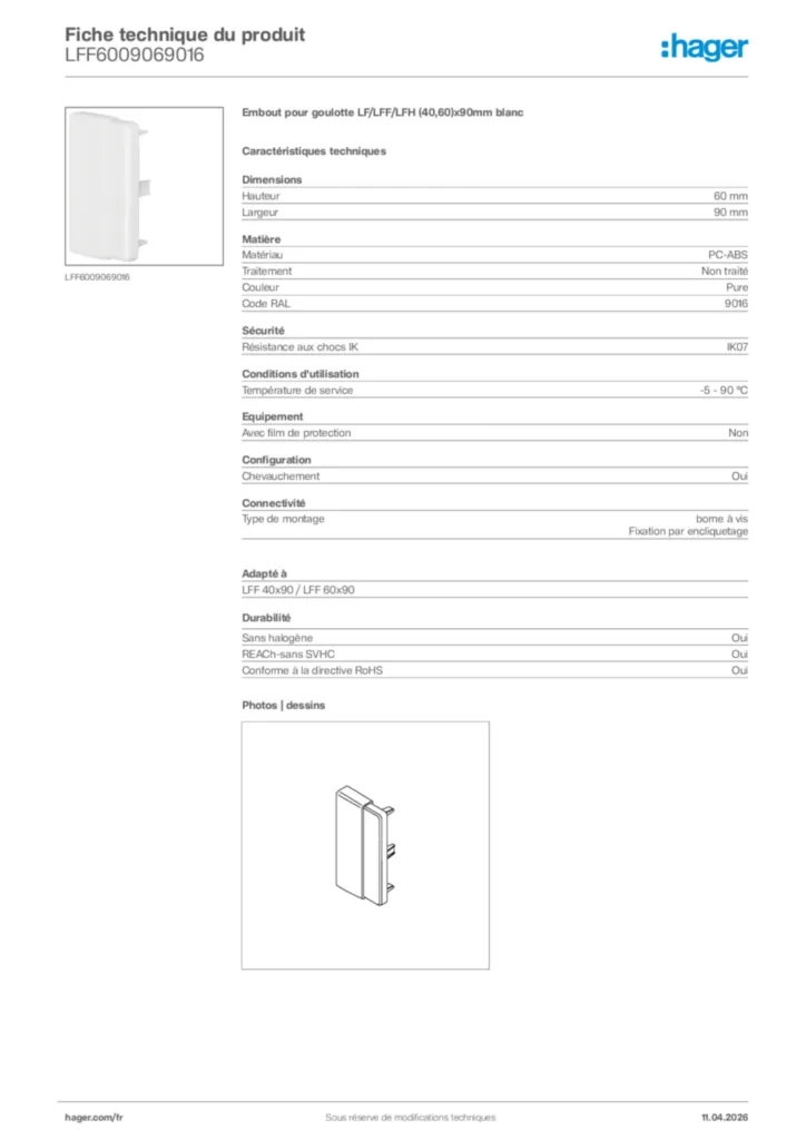 Image Hager Fiche technique du produit LFF6009069016 | Hager France
