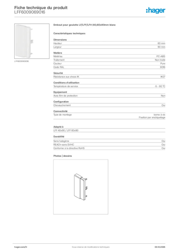 Image Hager Fiche technique du produit LFF6009069016 | Hager France