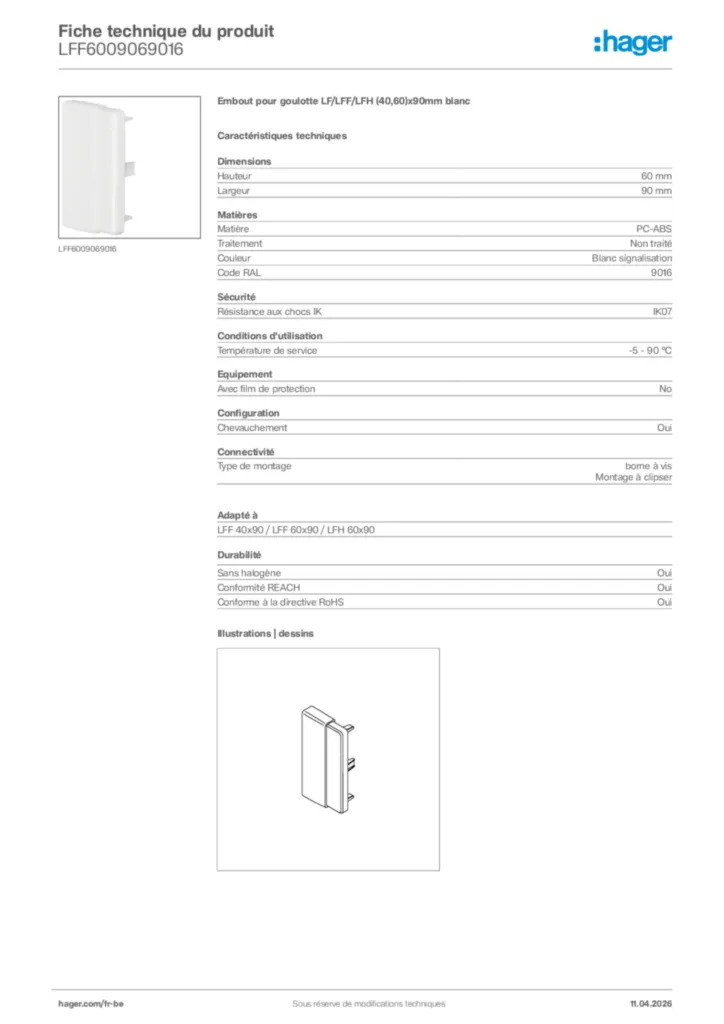 Image Hager Fiche technique du produit LFF6009069016 | Hager Belgique