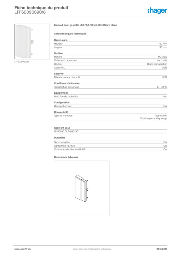 Image Hager Fiche technique du produit LFF6009069016 | Hager Suisse