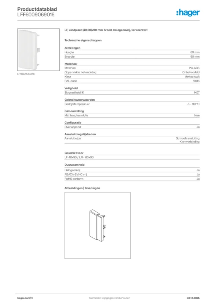 Afbeelding Hager Productdatablad LFF6009069016 | Hager Nederland
