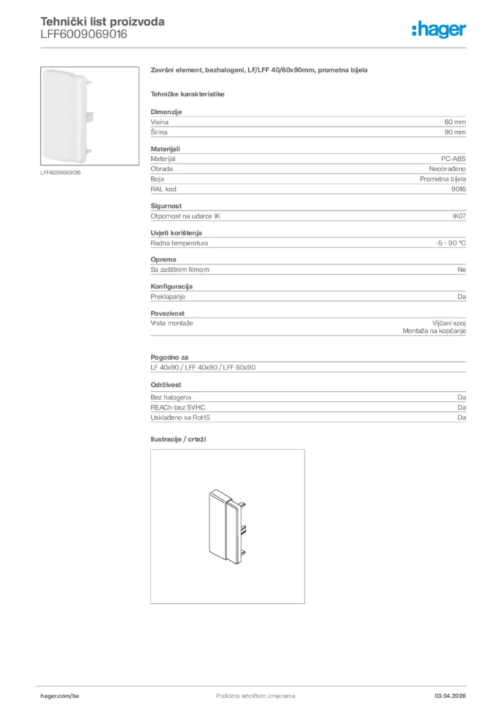 Slika Hager Tehnički list proizvoda LFF6009069016  | Hager