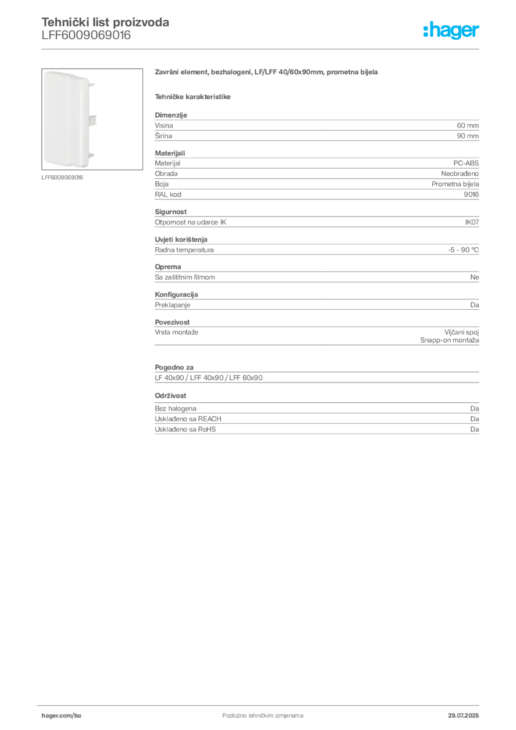 Slika Hager Product data sheet LFF6009069016  | Hager