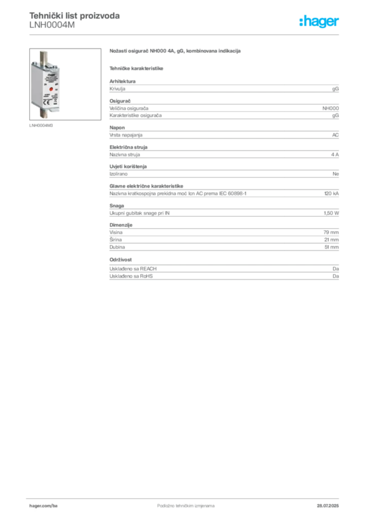 Slika Hager Product data sheet LNH0004M  | Hager