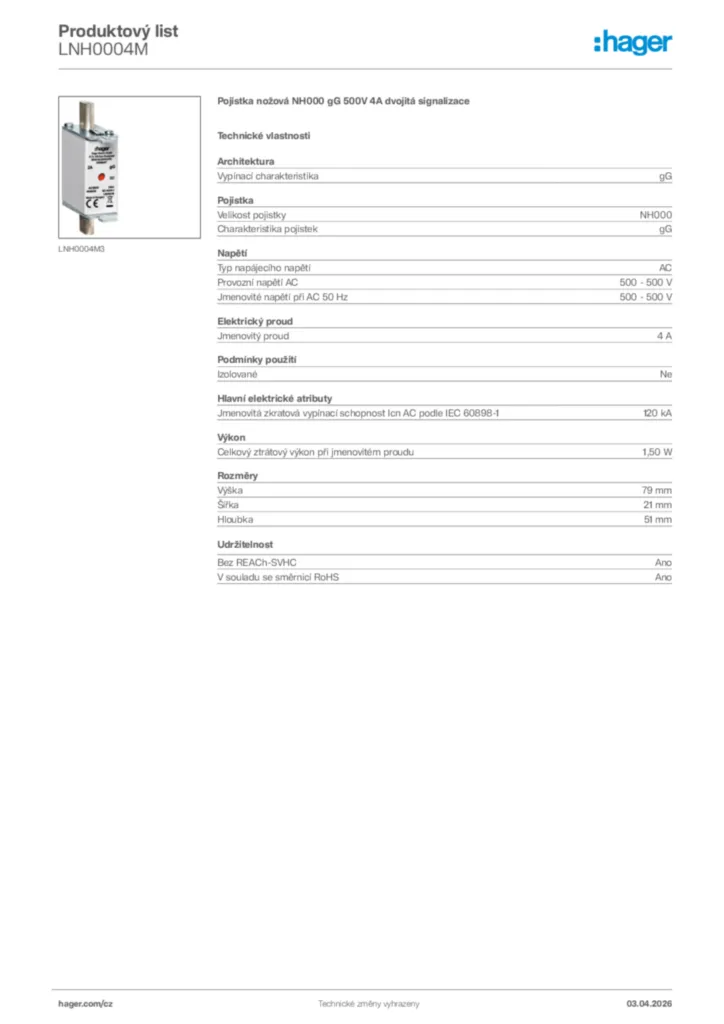 Obrázek Hager Product data sheet LNH0004M | Hager