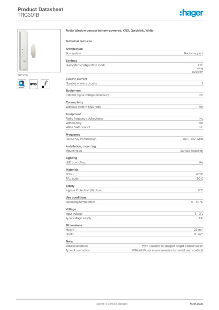 Image Hager Product data sheet TRC301B  | Hager Africa