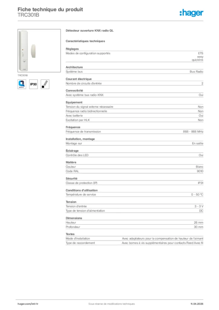 Image Hager Fiche technique du produit TRC301B | Hager Afrique