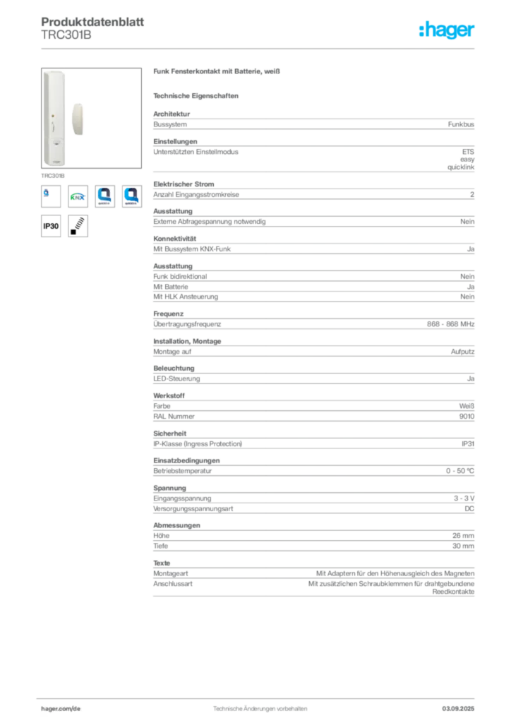 Bild Hager Produktdatenblatt TRC301B | Hager Deutschland