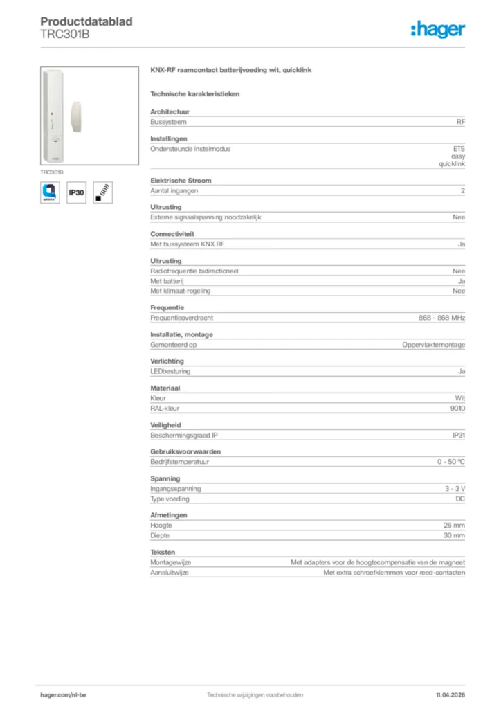 Afbeelding Hager Productdatablad TRC301B | Hager Belgium