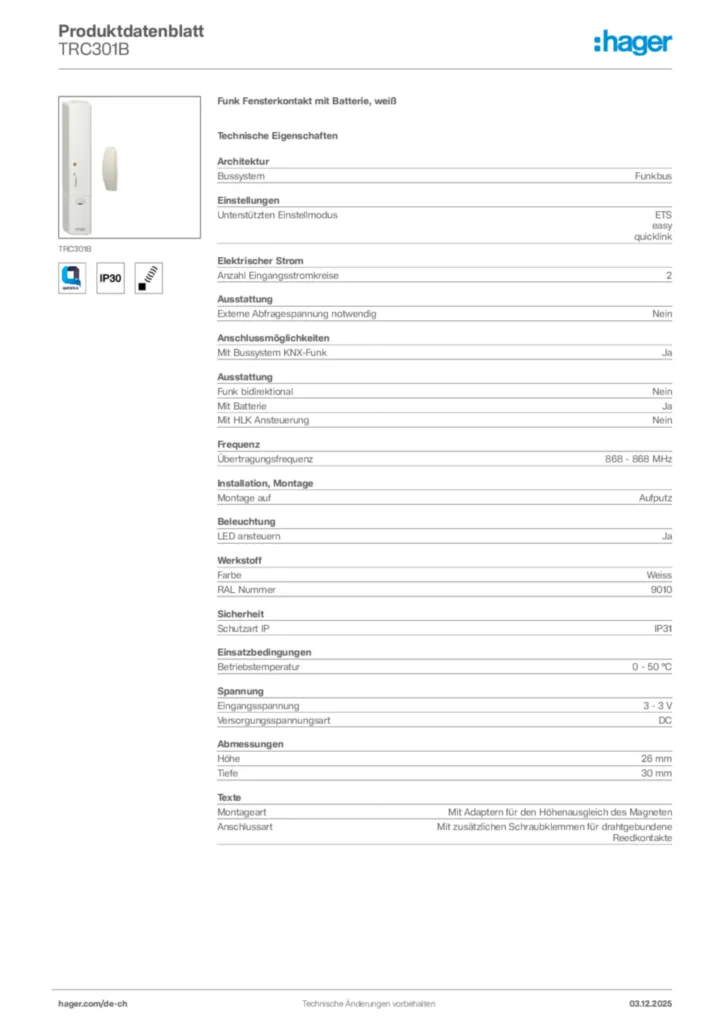 Bild Hager Produktdatenblatt TRC301B | Hager Schweiz