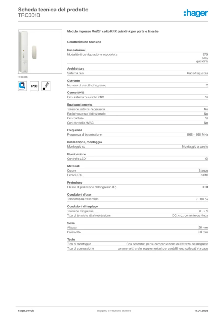 Immagine Hager Scheda tecnica del prodotto TRC301B | Hager Italia