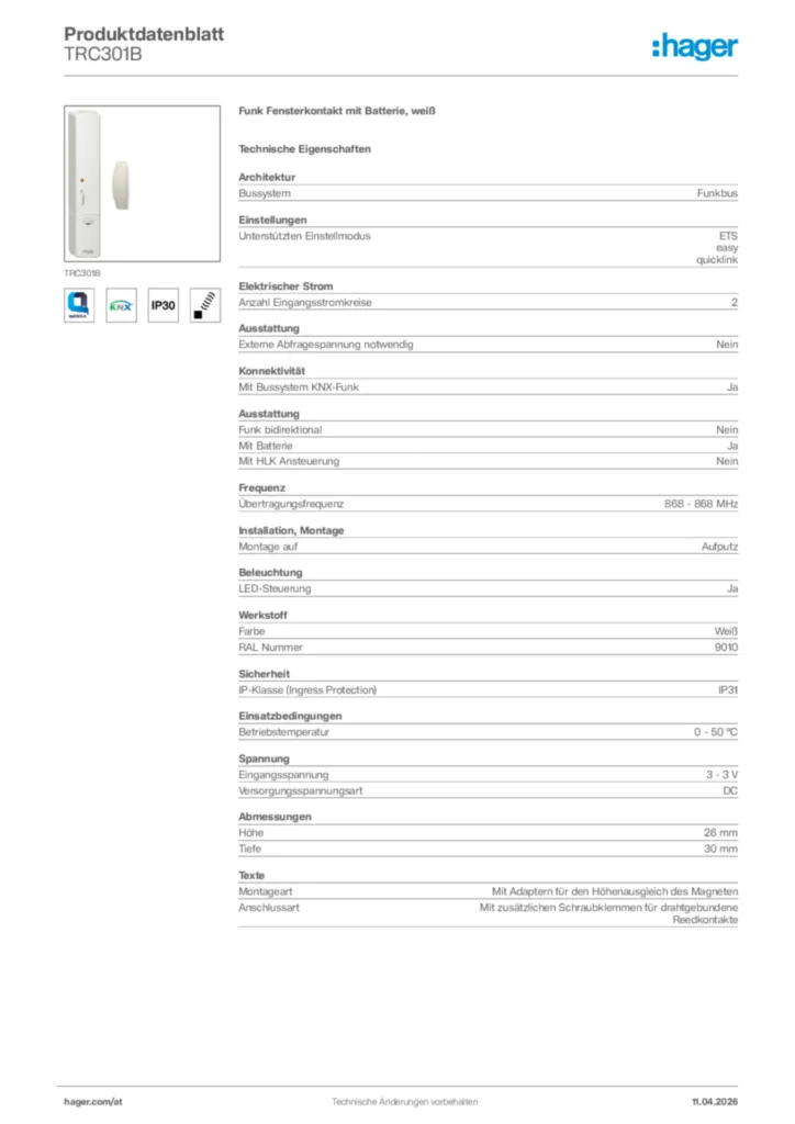 Bild Hager Produktdatenblatt TRC301B | Hager Deutschland
