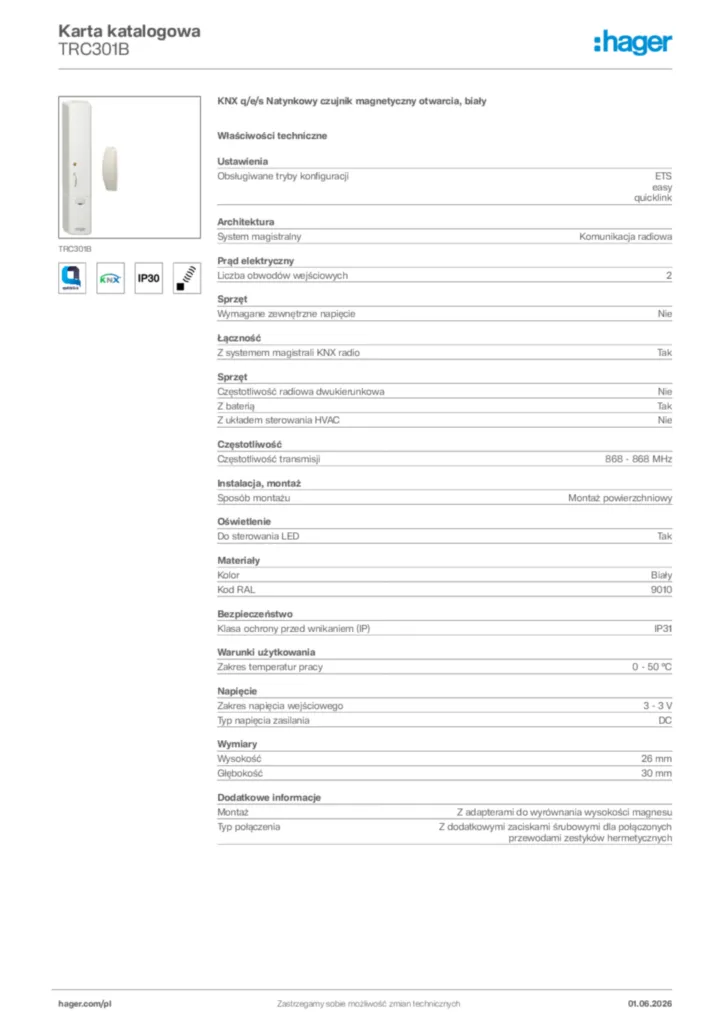 Zdjęcie Hager Karta katalogowa TRC301B | Hager Polska
