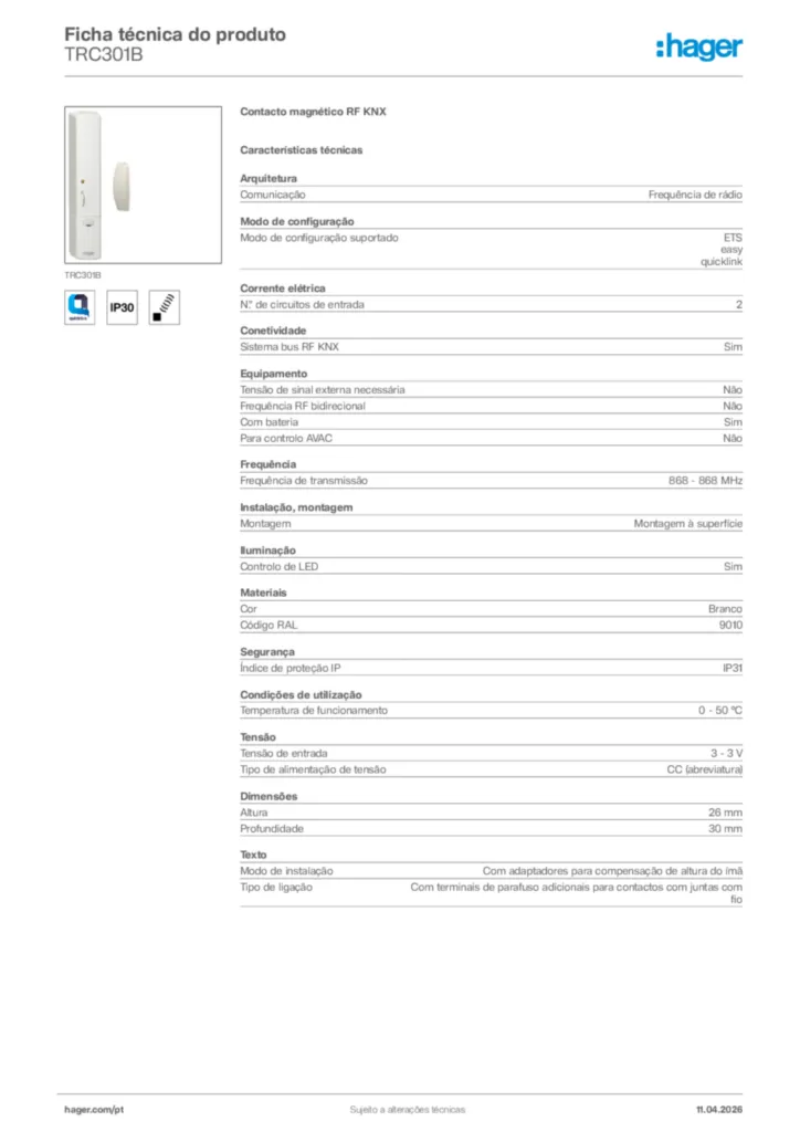 Imagem Hager Ficha técnica do produto TRC301B | Hager Portugal