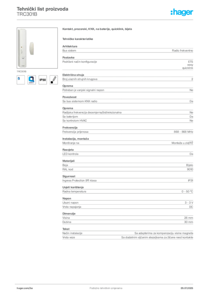 Slika Hager Product data sheet TRC301B  | Hager