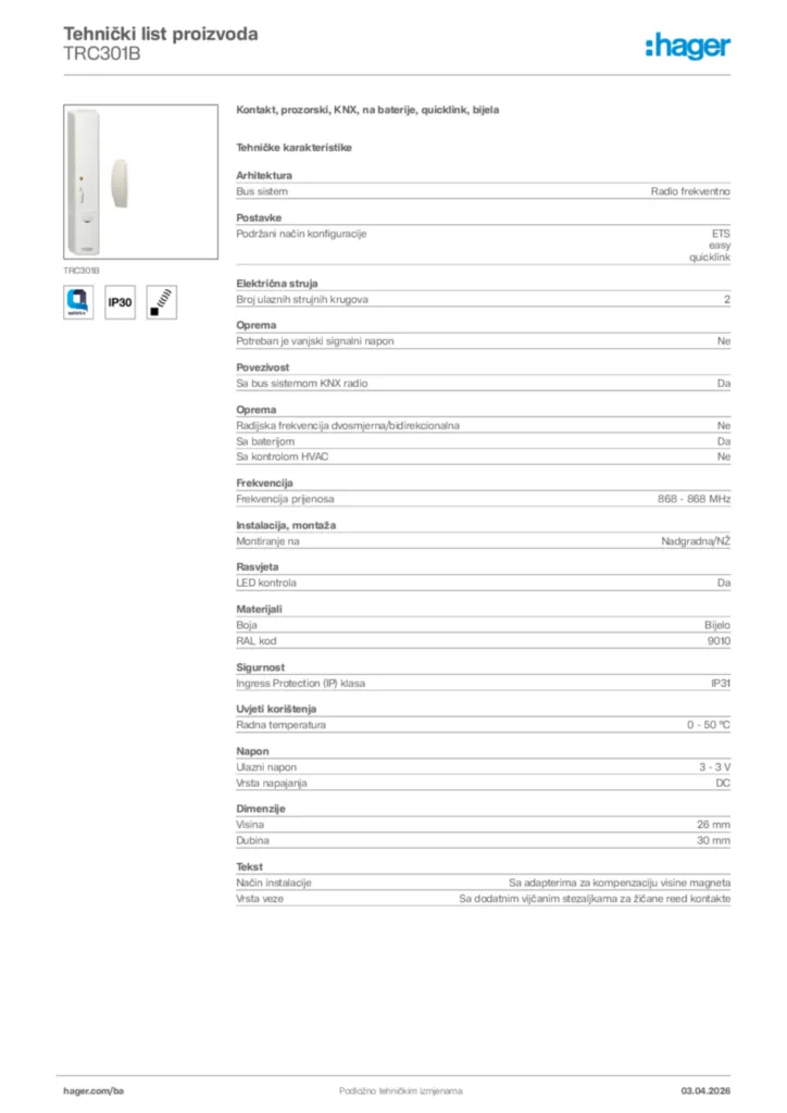 Slika Hager Tehnički list proizvoda TRC301B  | Hager
