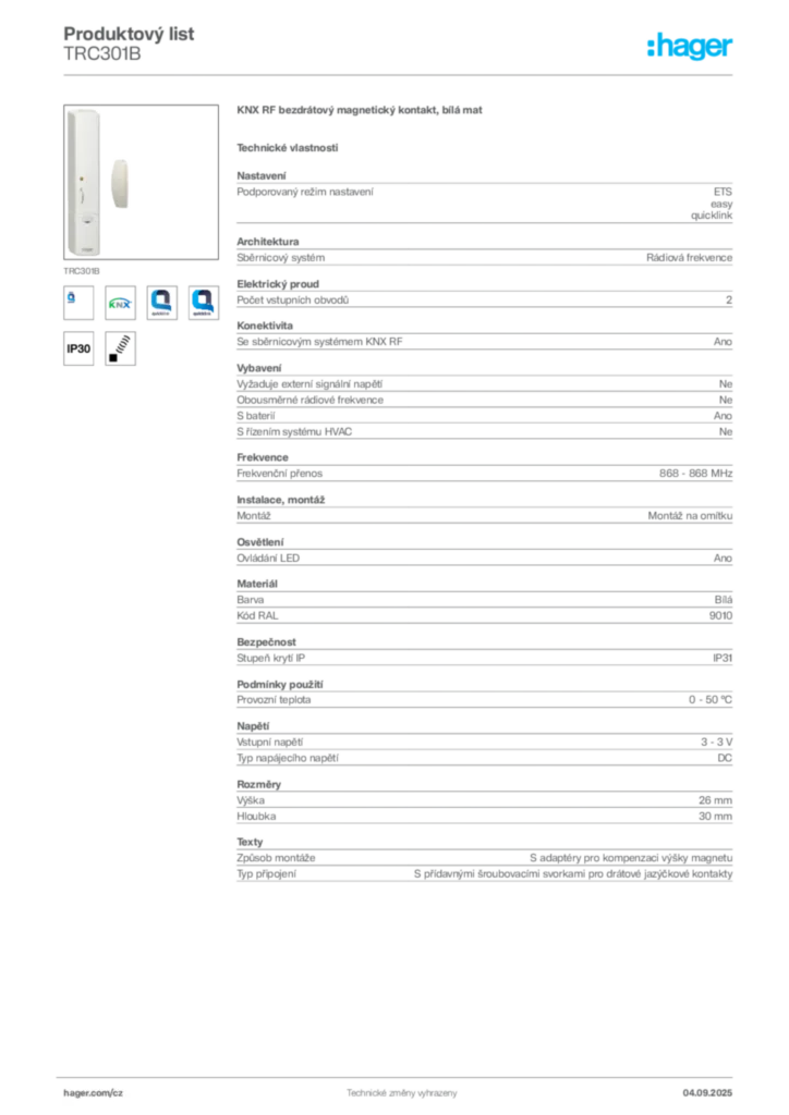 Obrázek Hager Product data sheet TRC301B | Hager