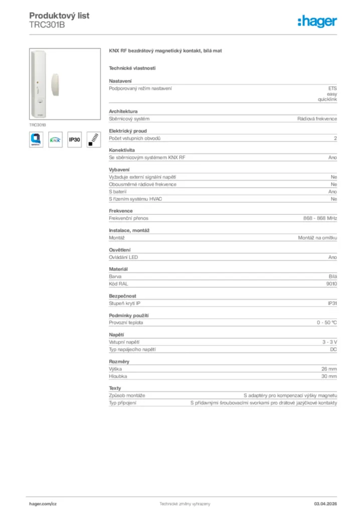 Obrázek Hager Product data sheet TRC301B | Hager