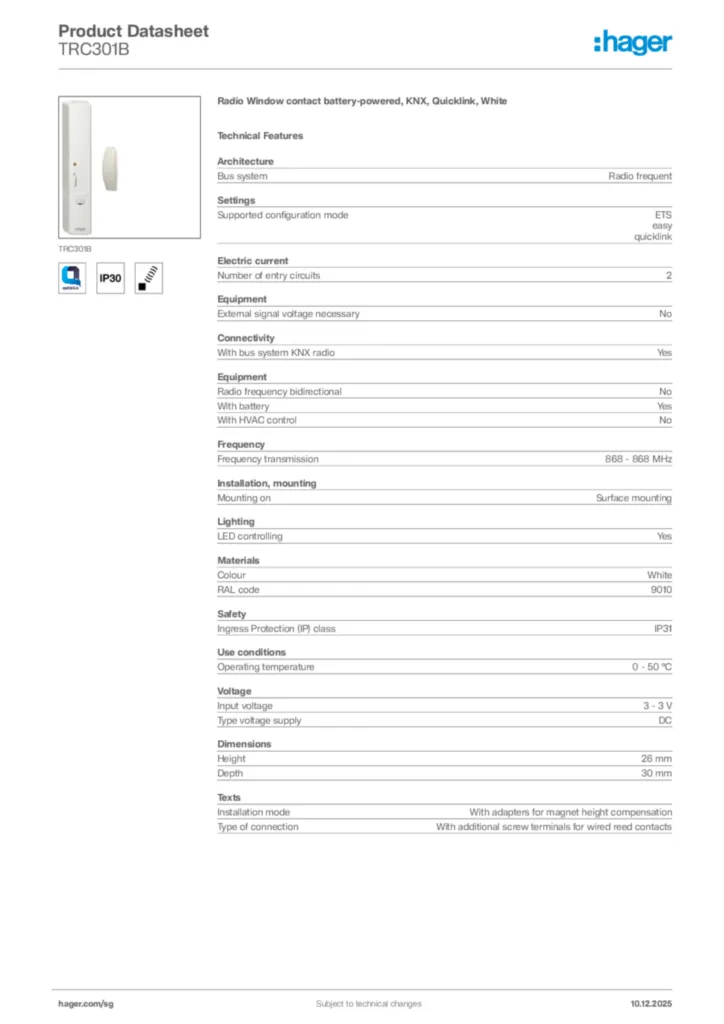 Image Hager Product data sheet TRC301B  | Hager