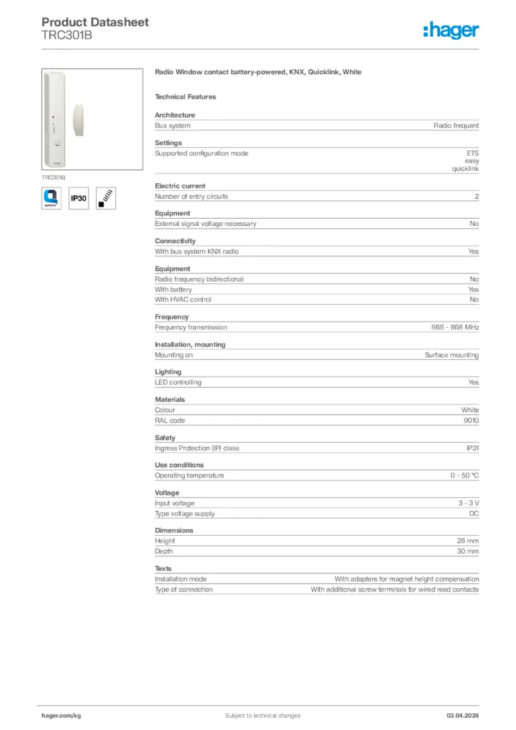 Image Hager Product data sheet TRC301B  | Hager