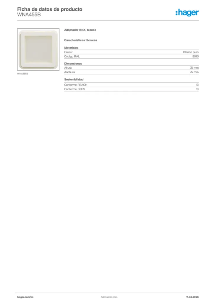 Imagen Hager Ficha de datos de producto WNA455B | Hager España