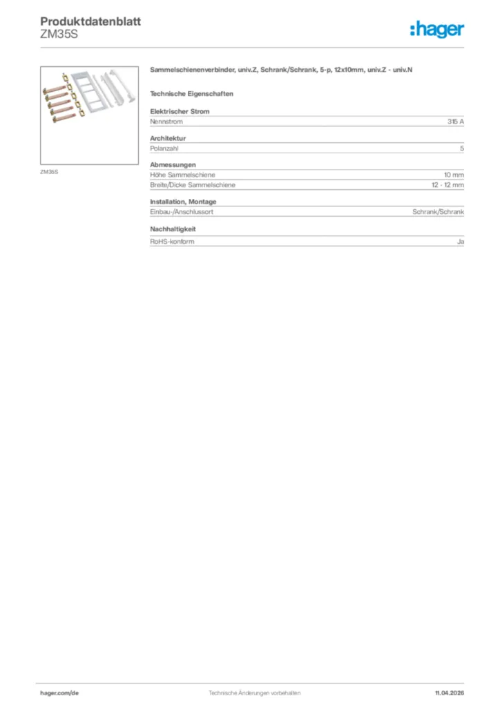 Bild Hager Produktdatenblatt ZM35S | Hager Deutschland