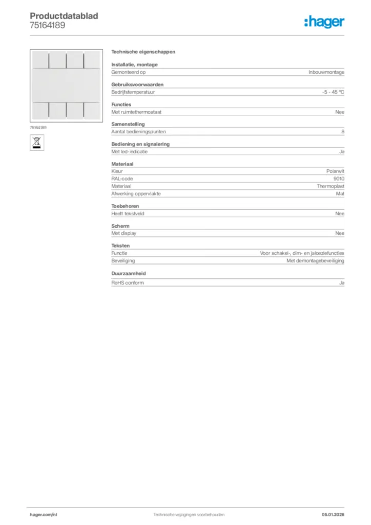 Afbeelding Hager Productdatablad 75164189 | Hager Nederland