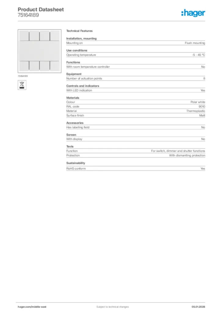 Image Hager Product data sheet 75164189  | Hager