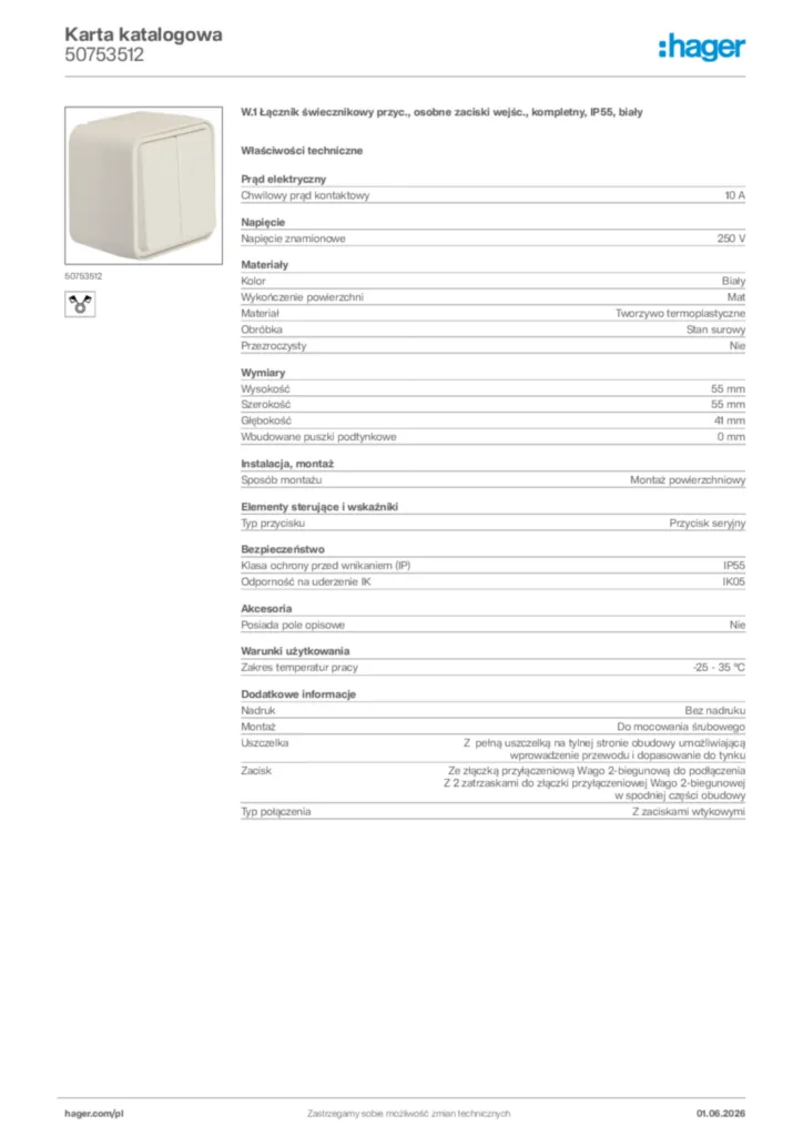 Zdjęcie Hager Karta katalogowa 50753512 | Hager Polska